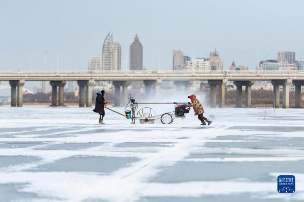 哈尔滨冰雪大世界采冰工作启动，冬景如画劳动者汗水交织的壮丽画卷